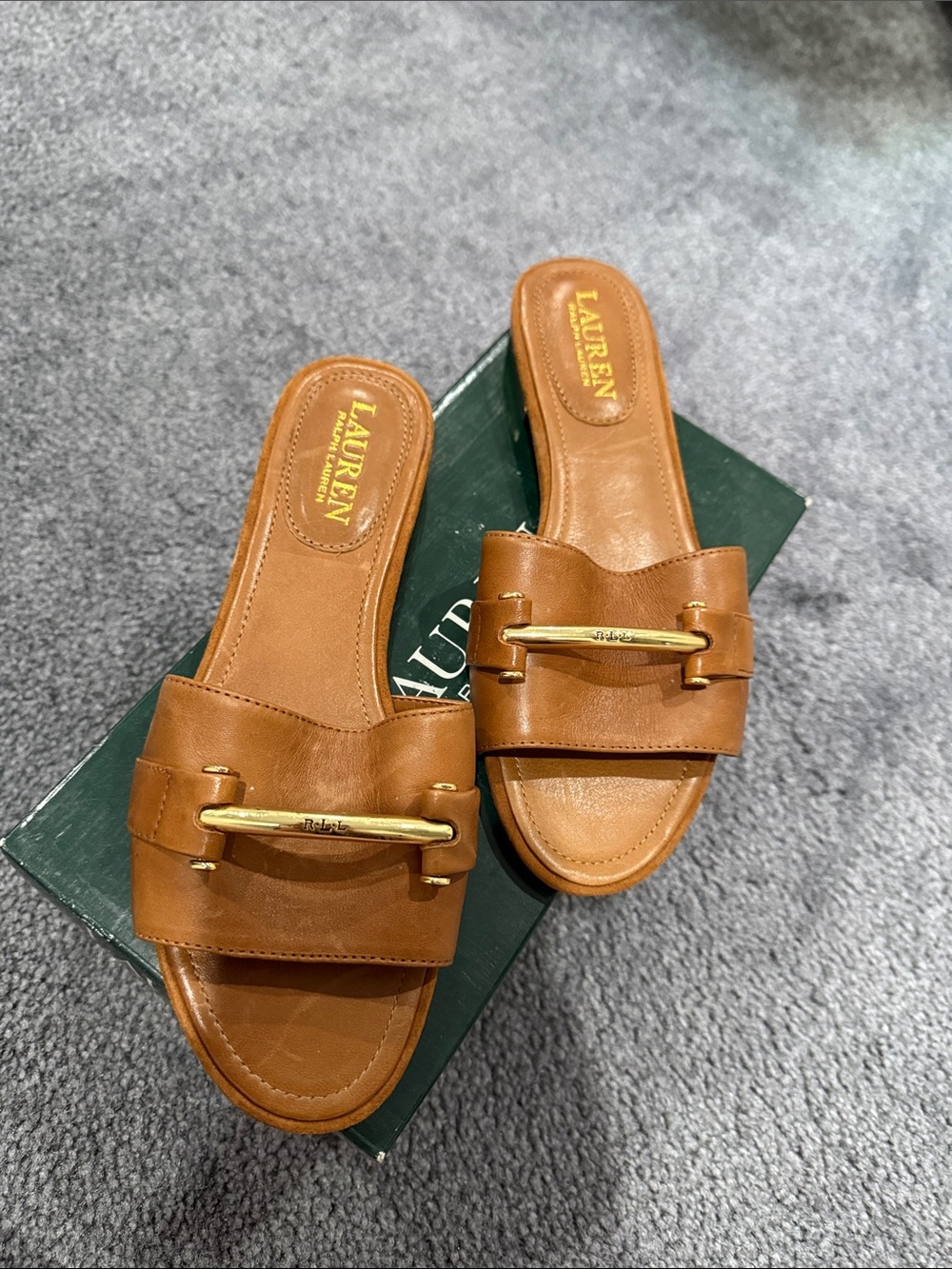 Lauren Ralph Lauren Tan Leather Slide Mules with Gold Accent